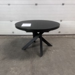 Uitschuifbare ronde glazen tafel met zwarte stalen poten Ø 120 (160) c