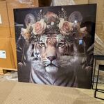Schilderij gehard glas Tijger bloemenkrans Homebound
