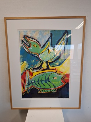 Zeefdruk, Maya Wildevuur (1944-2023), Vogel en vis, 1994