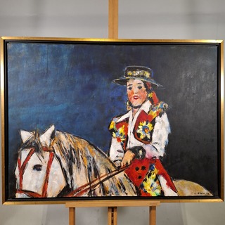 Acryl schilderij, Maya Wildevuur, Vrouw op paard, 1993