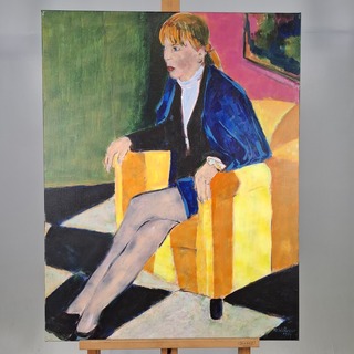 Acryl schilderij, Maya Wildevuur, Vrouw op stoel, 1994