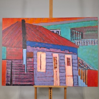 Acryl schilderij, Maya Wildevuur, Huizen Curaçao , 2001