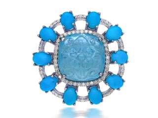 Ring met natuurlijke diamanten, aquamarijn en turquoise