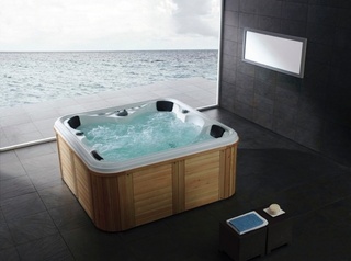 Outdoor Spa Vonato, Tovario, wit bad / naturel houten kleur zijkant