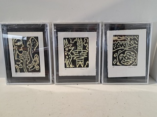 3x Schilderijen, Corneille Etsen Ingekleurd, Pastel compositie