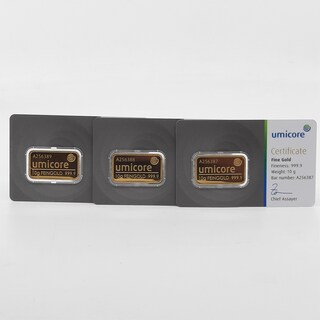 3x Goudbaar, 10 gram, Umicore