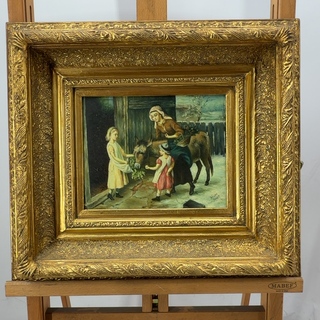 Schilderij, ‘Vrouw, 2 kinderen en een ezel’