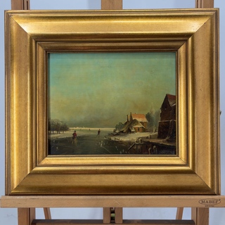Schilderij op paneel, ‘Schaatsen winterlandschap’