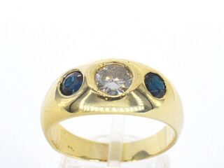 Gouden engelse Tiffany model herenring met diamant en saffier