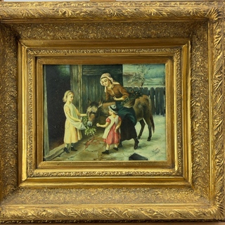 Schilderij, ‘Vrouw, 2 kinderen en een ezel’