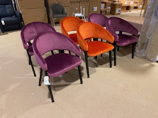 Set van 6 eetkamerstoelen, oranje + paars