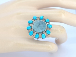 Ring met natuurlijke diamanten, Aquamarijn en Turquoise