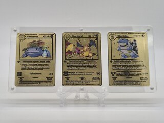 Metalen Venusaur, Charizard en Blastoise (Base Set) Pokémon kaarten in