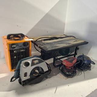 5x Diversen – schuurmachines, cirkelzaag, zaagtafel, kachel