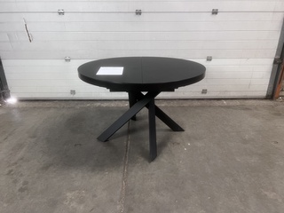 Uitschuifbare ronde glazen tafel met zwarte stalen poten Ø 120 (160) c