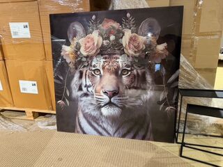 Schilderij gehard glas Tijger bloemenkrans Homebound