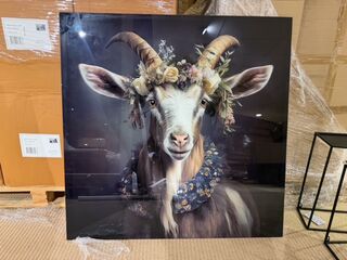 Schilderij gehard glas geit bloemenkrans Homebound