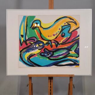 Zeefdruk in lijst, Maya Wildevuur, Vogel vissen, 1992, 36/175