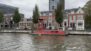Dekschuit werkboot, Rusthoven, Rhodina met laadkraan en schaarhoogwerk