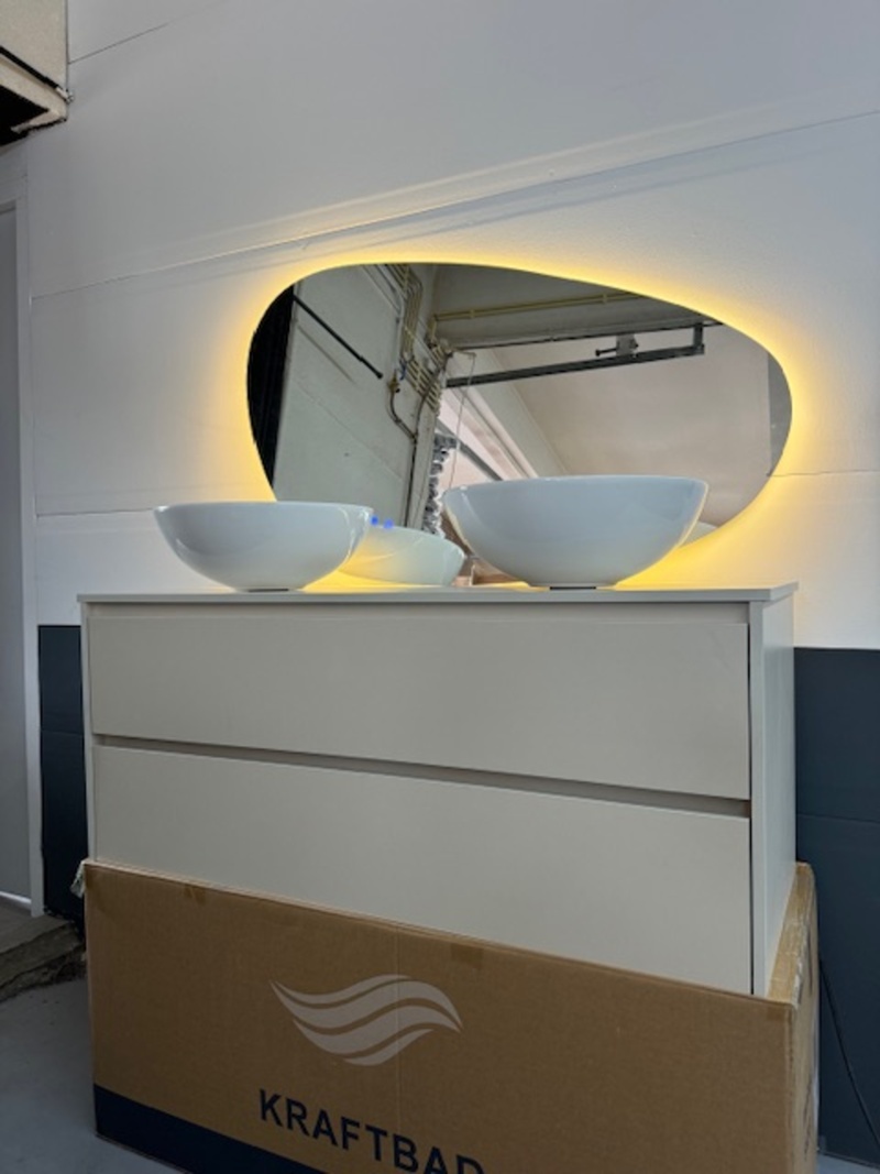 Badmeubel 120cm incl. 1x verwarmde led spiegel en 2x waskom wit, Kraftbad, Stuttgart 120cm, Beige, 2026