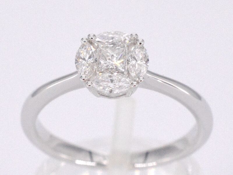 Witgouden ring met prinses en marquise geslepen natuurlijke diamanten