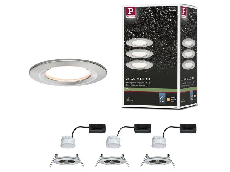 3x LED-inbouwlamp basisset 3 per set Paulmann, nova coin, staal geborsteld