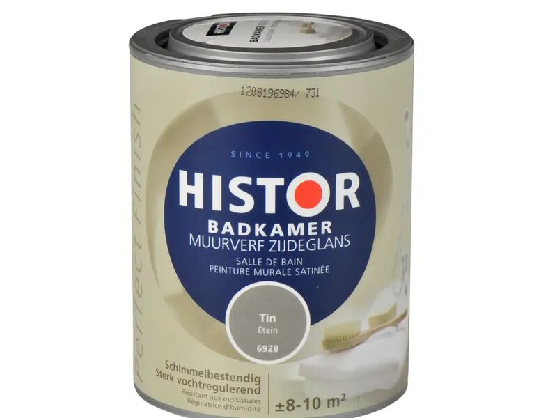 2x Muurverf badkamer zijdeglans Histor, perfect finish, tin, 1l – kavel bij Onlineveilingmeester