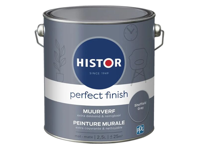 2x Muurverf mat Histor, perfect finish, sheffield grey, 2,5 liter – foto 2 – kavel bij Onlineveilingmeester