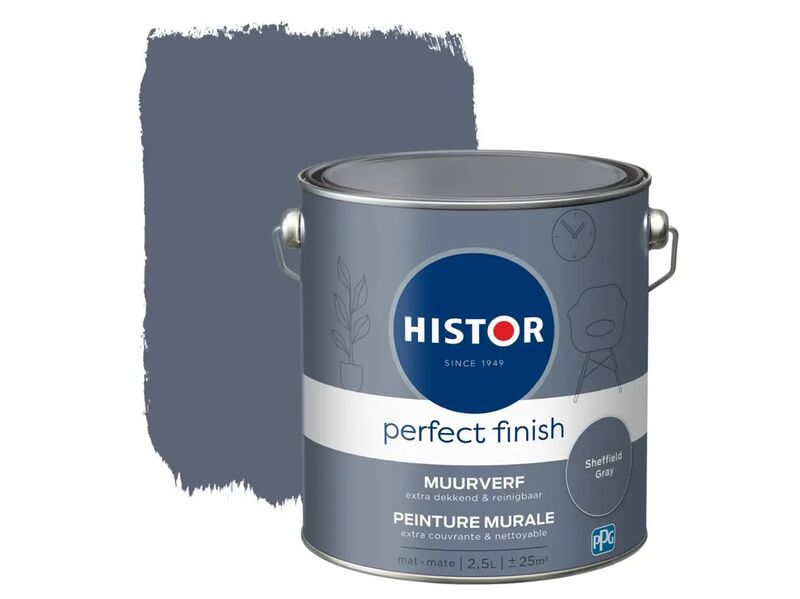 2x Muurverf mat Histor, perfect finish, sheffield grey, 2,5 liter – kavel bij Onlineveilingmeester