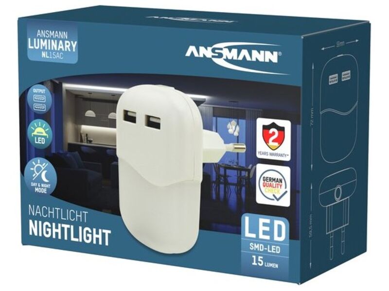 3x USB lader + nachtlampje met schemersensor Ansmann, nl15ac + 2usb
