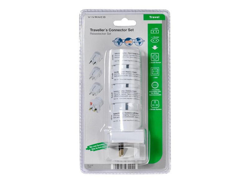 6x Universele reisadapter met vier stopcontacten Vivanco, wit