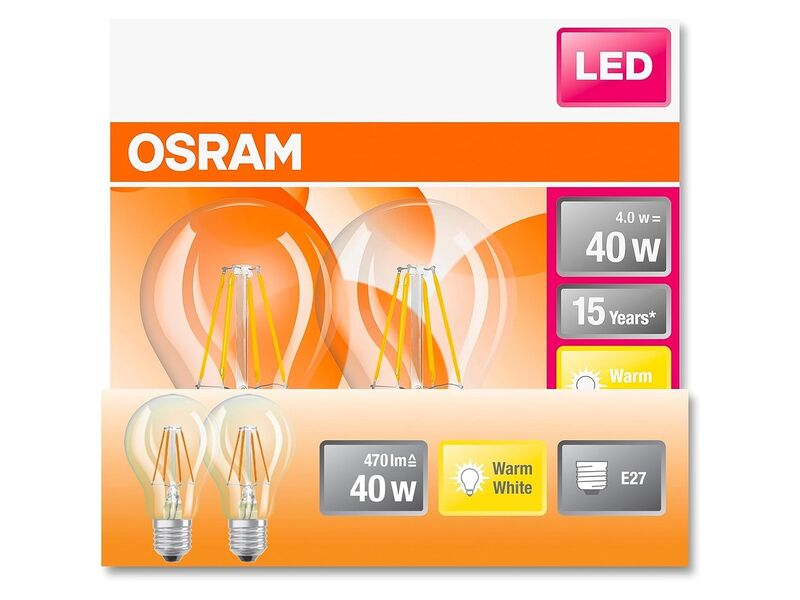 5x LED lamp E27 filament 4W - 2 stuks OSRAM, classic a 40, helder – foto 2 – kavel bij Onlineveilingmeester