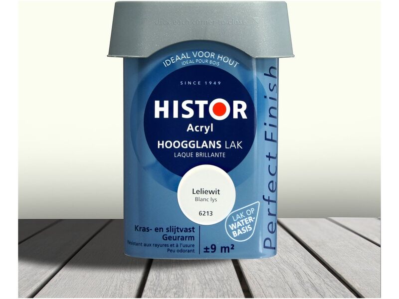 3x Lak acryl hoogglans 0,75 liter Histor, perfect finish, leliewit