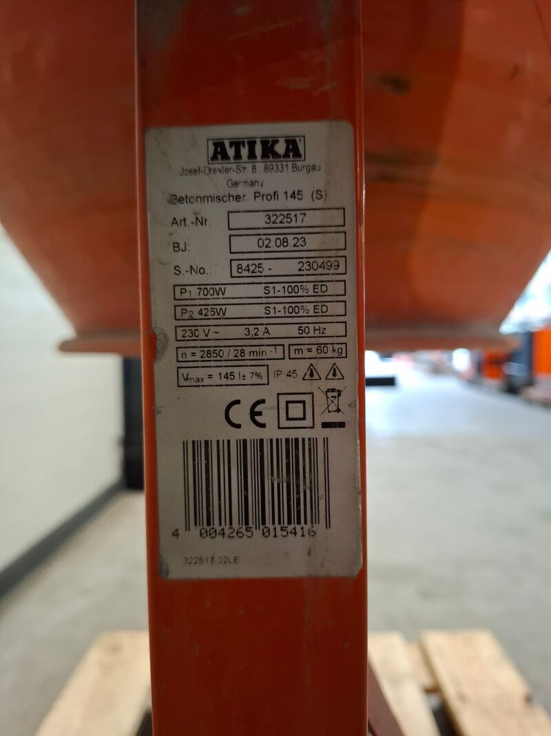 Betonmolen - 145L - 230V Atika, Profi 145S, bouwjaar 2024 – foto 7 – kavel bij Onlineveilingmeester, Heerenveen