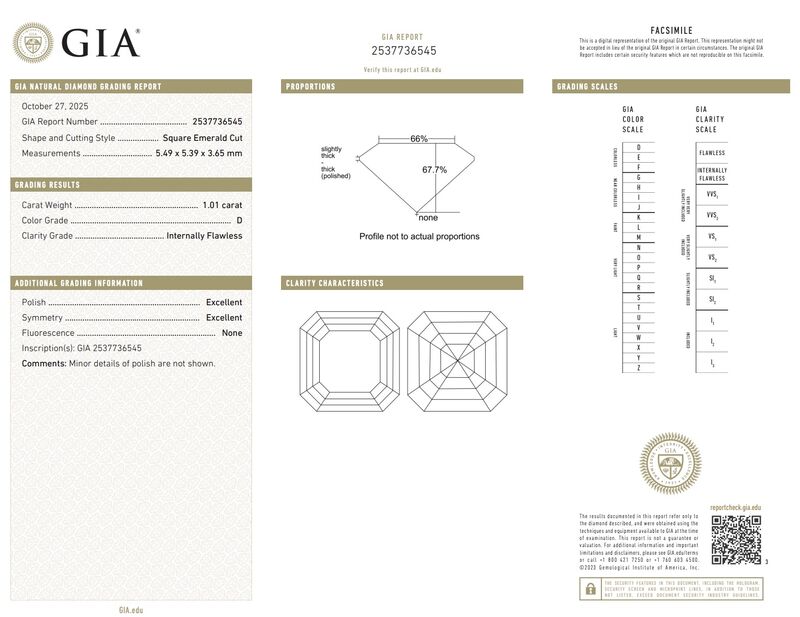 Diamant - 1.01 carat Square emerald geslepen (GIA gecertificeerd), hoogste kwaliteit (D, zuiver) – foto 3 – kavel bij Onlineveilingmeester