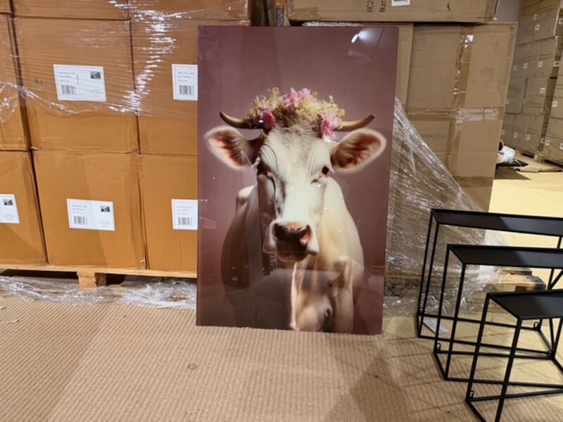 Schilderij gehard glas Koe bloemenkrans Homebound