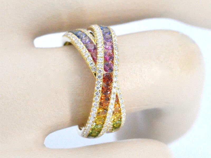 Gouden ring met diamanten en multicolour saffieren – foto 2 – kavel bij Onlineveilingmeester