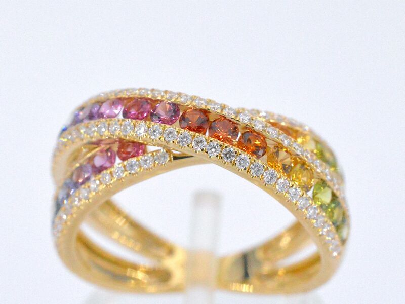 Gouden ring met diamanten en multicolour saffieren – kavel bij Onlineveilingmeester