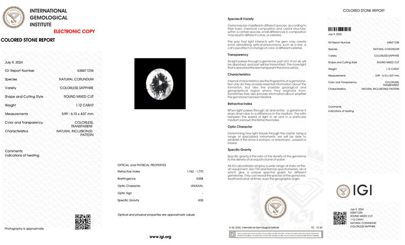 Saffier - 1.12 carat echte natuurlijke witte briljant (gecertificeerd) – foto 3 – kavel bij Onlineveilingmeester
